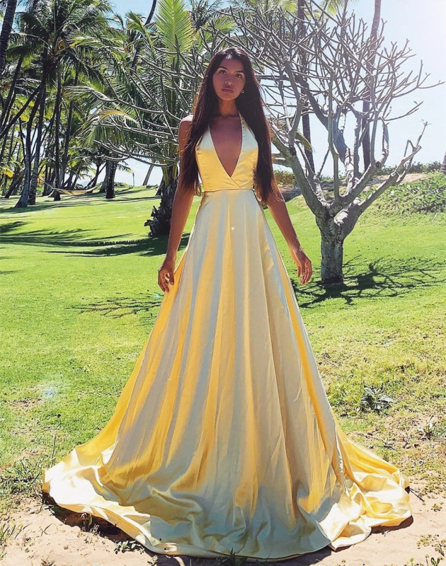 Yellow Taffeta V Neck Short Train  Prom Dress