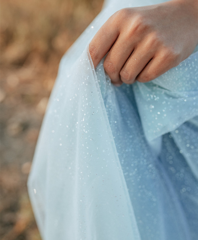 Dusty Blue Satin Tulle Long Train Wedding Skirt 2 Pieces Wedding Dress