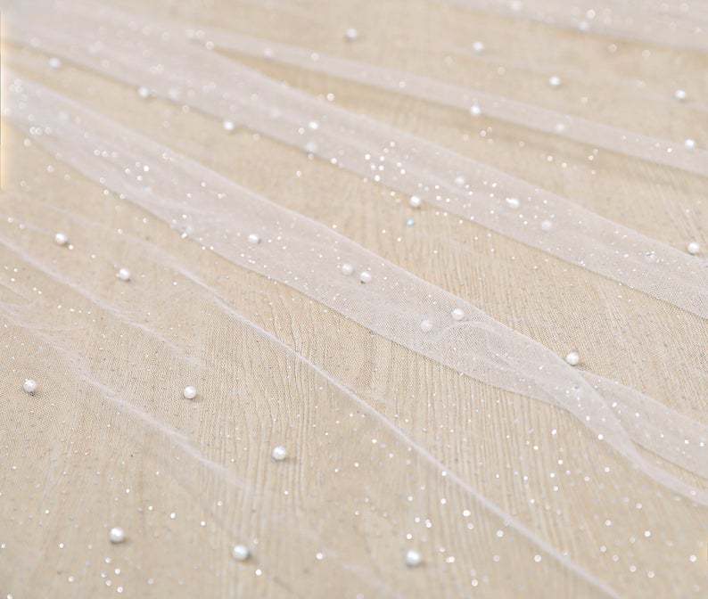 Pearls Scattered Cathedral Veil with Cut Edge Wedding Veil with Pearls