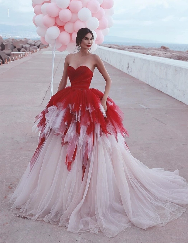 Ivory/Red Long Train Wedding Skirt 2 Pieces Wedding Gown