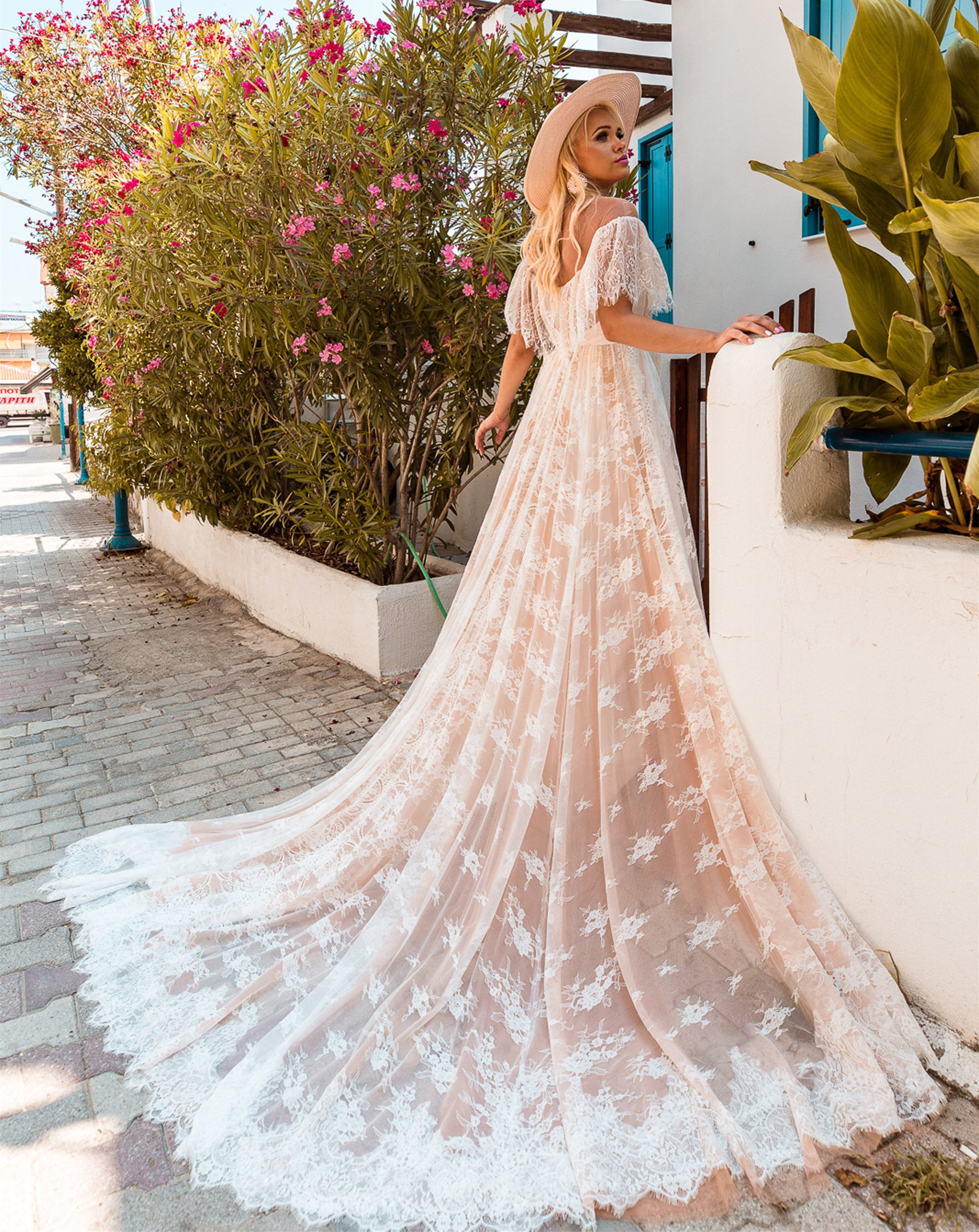 Champagne Lace Tulle Long Train Wedding Dress Bridal Gown