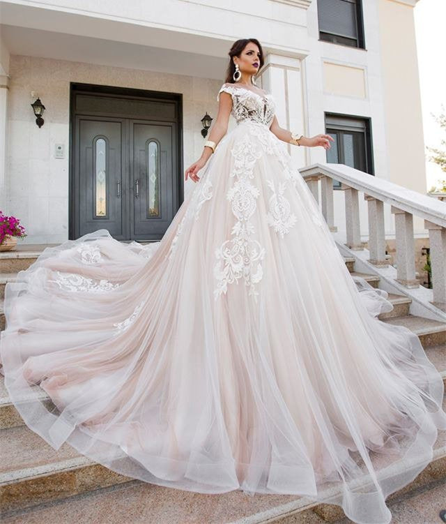 Ivory Lace Tulle Long Train Wedding Dress Bridal Gown