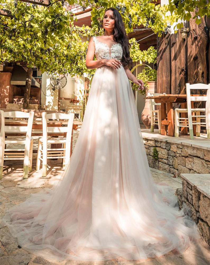 Champagne Lace Tulle Long Train Wedding Dress Bridal Gown