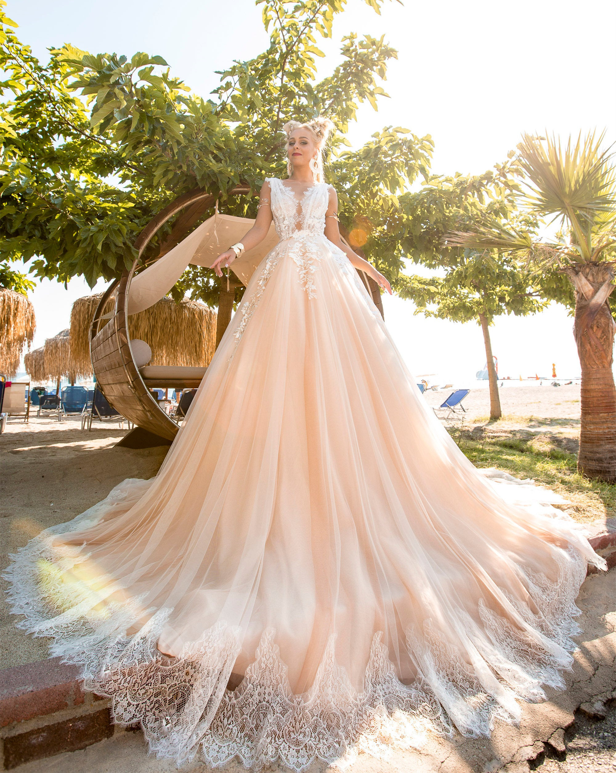 Champagne Lace Tulle Long Train Wedding Dress Bridal Gown