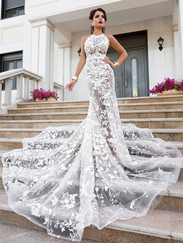 Ivory Lace Tulle Mermaid Wedding Dress Bridal Gown