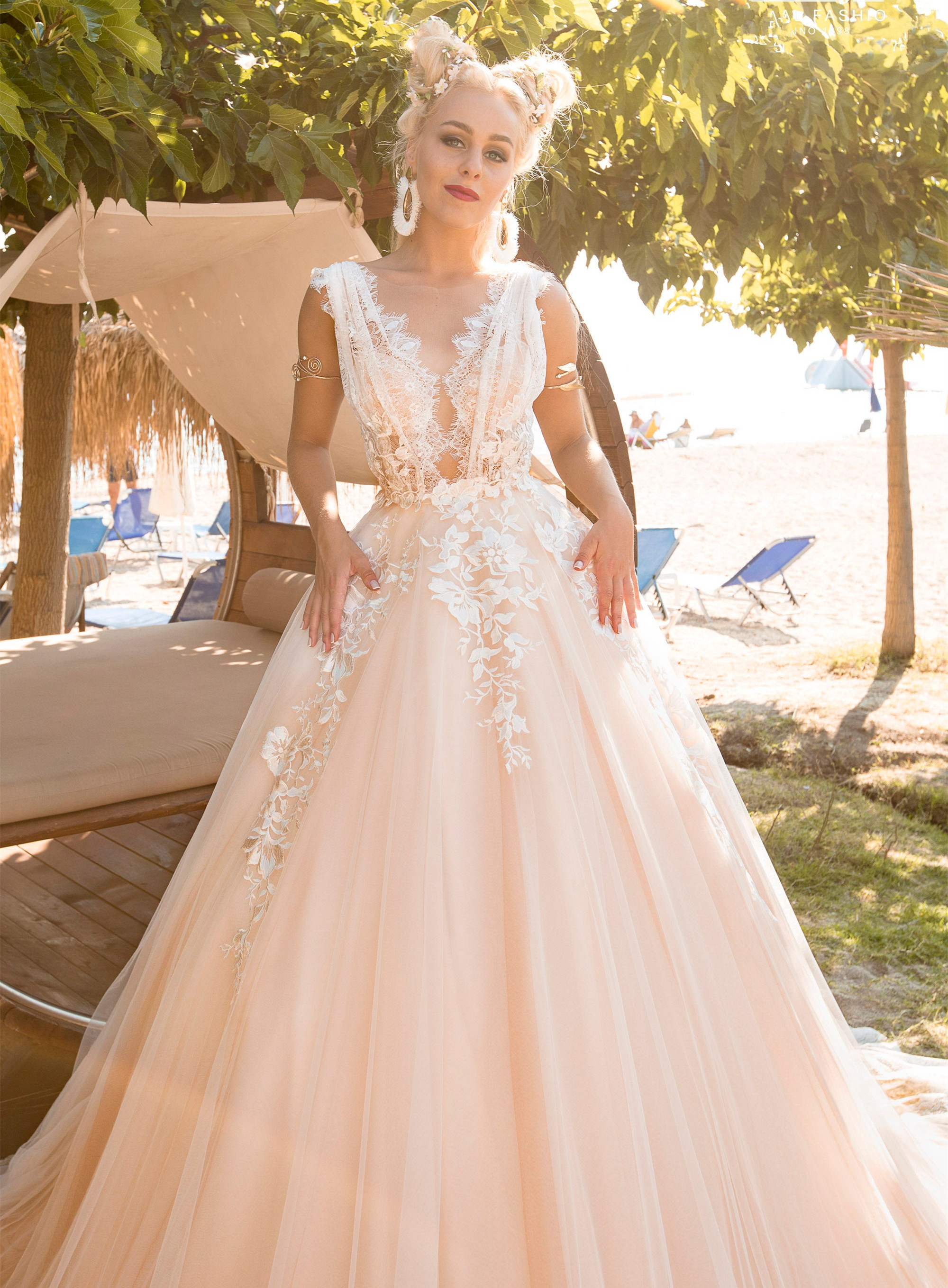 Champagne Lace Tulle Long Train Wedding Dress Bridal Gown