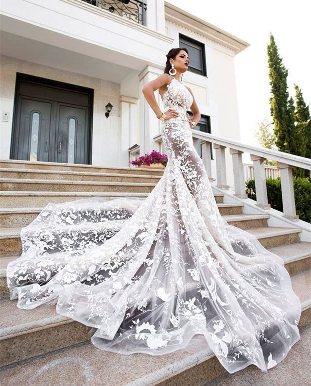 Ivory Lace Tulle Mermaid Wedding Dress Bridal Gown