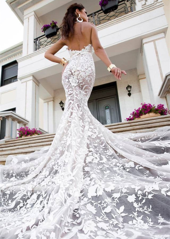 Ivory Lace Tulle Mermaid Wedding Dress Bridal Gown