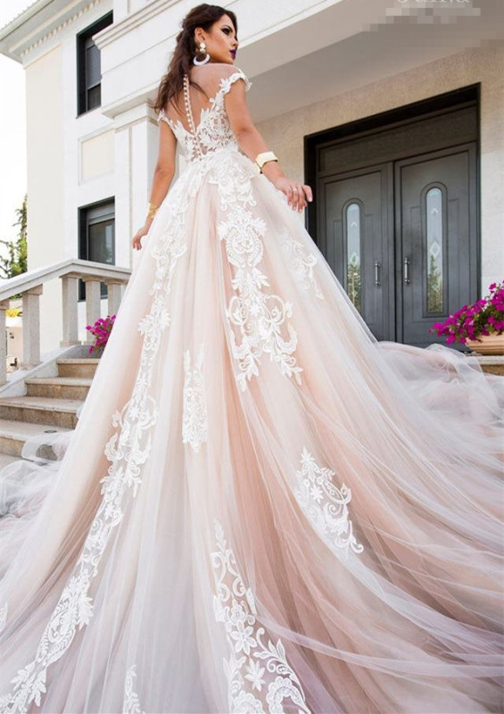 Ivory Lace Tulle Long Train Wedding Dress Bridal Gown