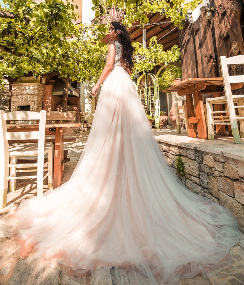 Champagne Lace Tulle Long Train Wedding Dress Bridal Gown
