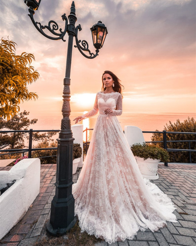 Lace Tulle Long Train Wedding Dress Bridal Gown