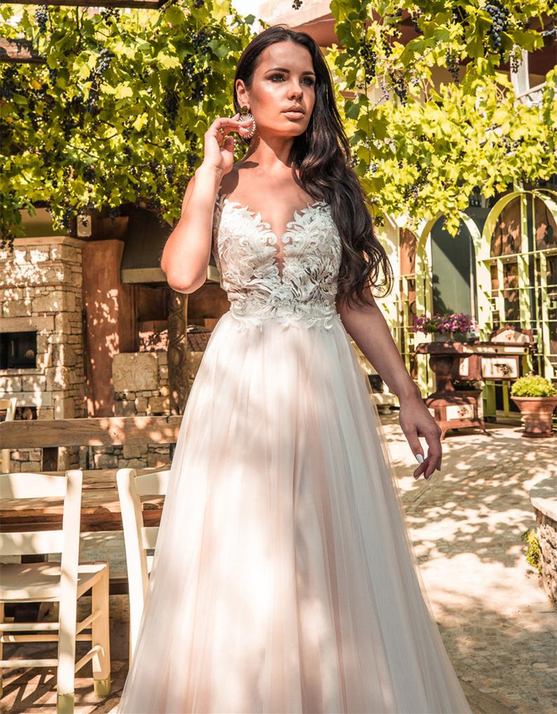 Champagne Lace Tulle Long Train Wedding Dress Bridal Gown