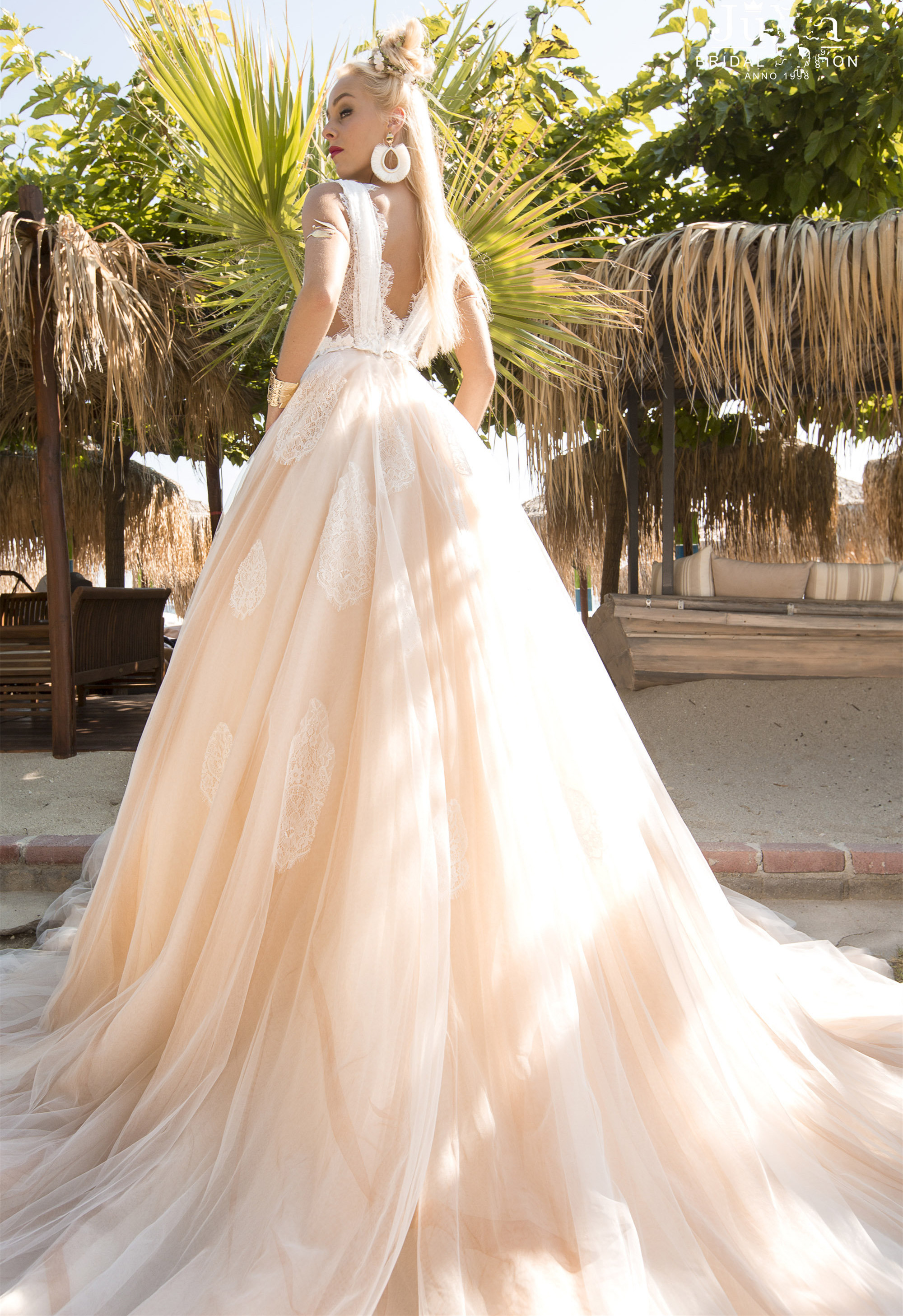 Champagne Lace Tulle Long Train Wedding Dress Bridal Gown