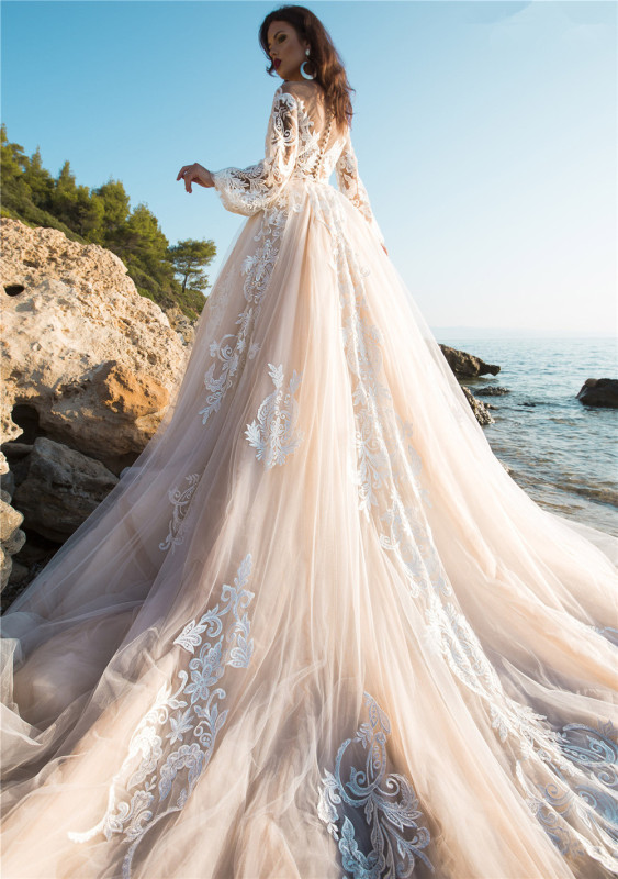 Ivory Lace Light Champagne Tulle Long Train Wedding Dress Bridal Gown