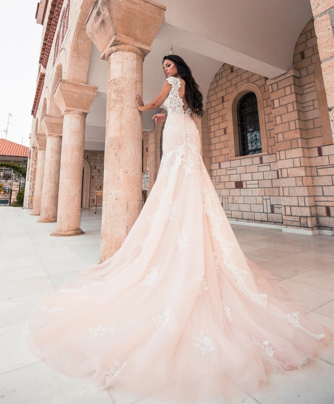 Ivory  Lace Chamapgne Tulle Mermaid Wedding Dress Bridal Gown