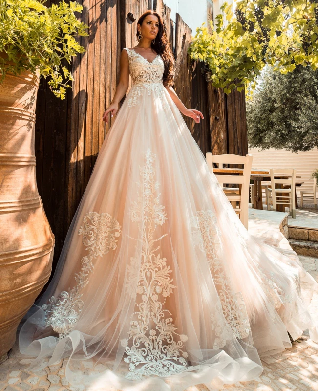 V Neck Lace Tulle Long Train Wedding Dress Bridal Gown