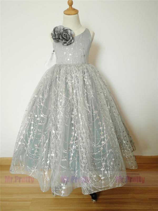 Dusty Blue Sequin Luxury Flower Girl Dress Pageant Dress