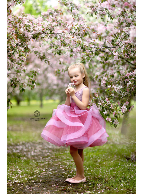 Purple Lace Tulle Knee Length Flower Girl Dress Pageant Dress