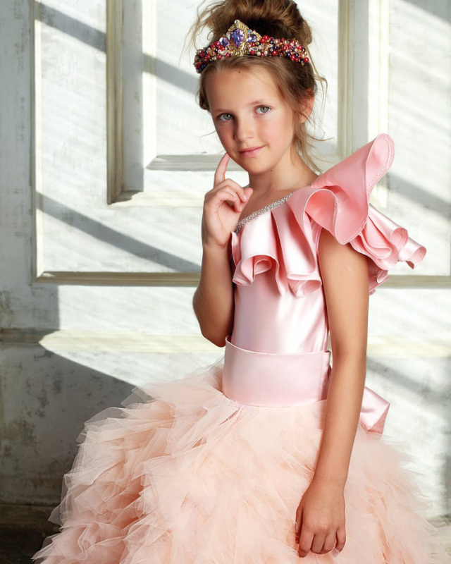 Pink Satin Tulle Short Train Flower Girl Dress Pageant Dress