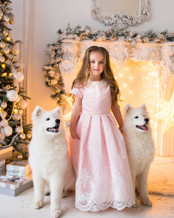 Blush Pink Lace Satin Full Length Flower Girl Dress Pageant Dress