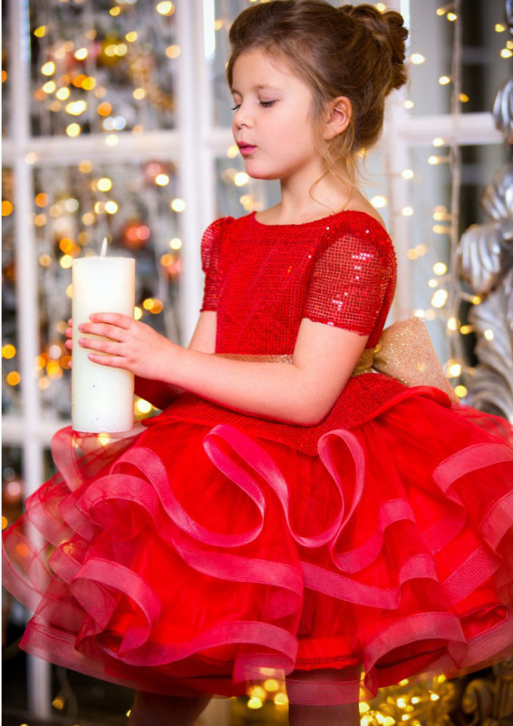 Red Sequin Tulle Knee Length Flower Girl Dress Pageant Dress