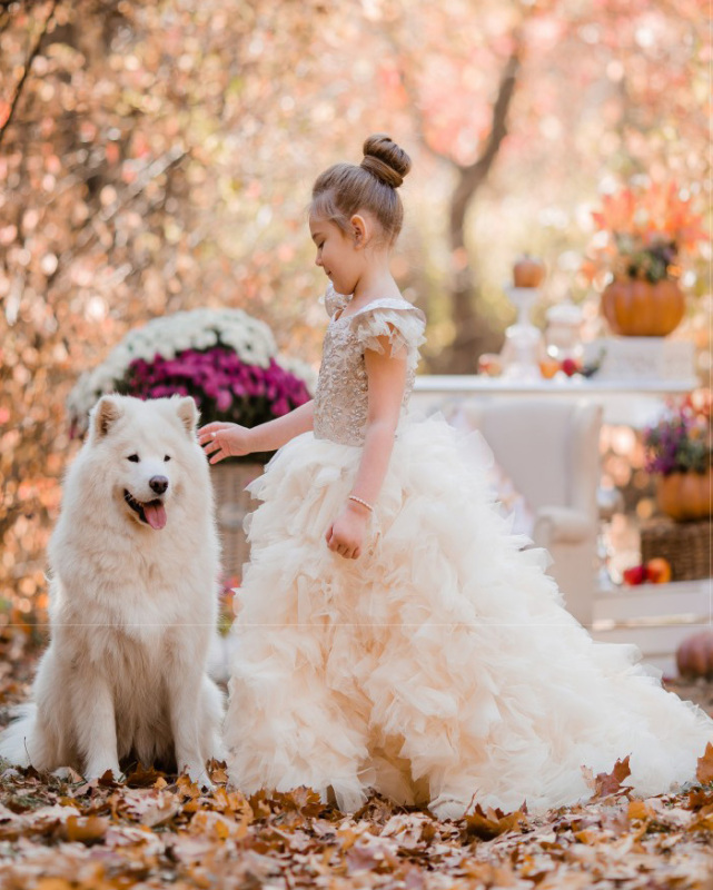 Light Champagne Lace Tulle Short Train Flower Girl Dress Pageant Dress