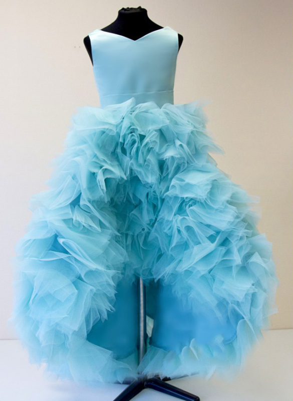 Blue Satin Tulle High Low Flower Girl Dress Pageant Dress