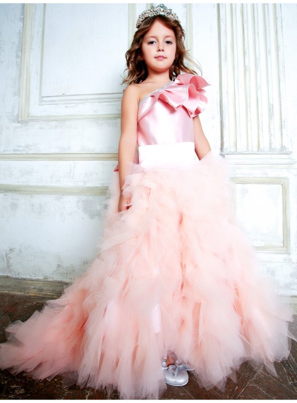 Pink Satin Tulle Short Train Flower Girl Dress Pageant Dress