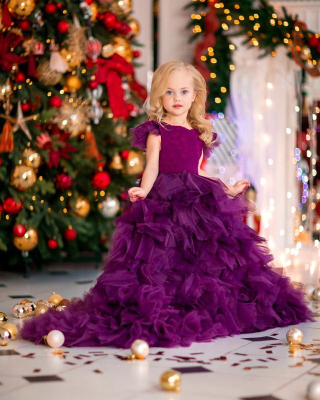 Purple Lace Tulle Short Train Flower Girl Dress Pageant Dress