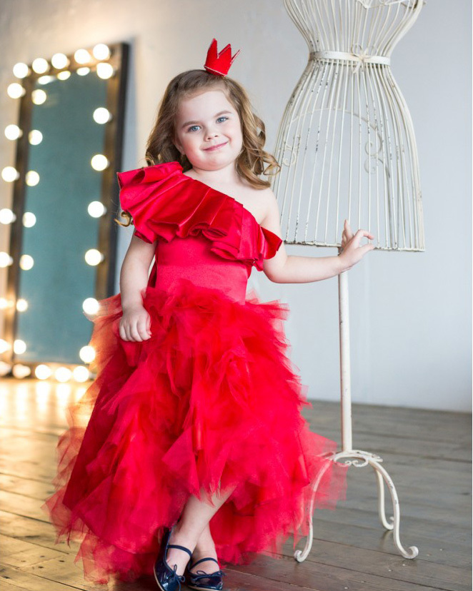 One Shoulder Red Satin Tulle High Low Flower Girl Dress Pageant Dress
