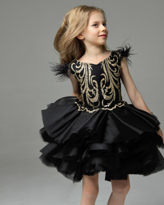 Black Lace Tulle Knee Length Flower Girl Dress Pageant Dress