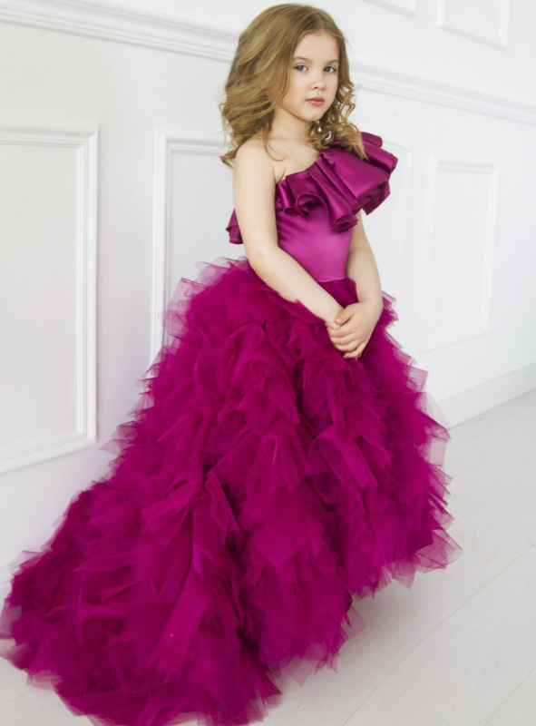 Purple Satin Tulle High Low Flower Girl Dress Pageant Dress