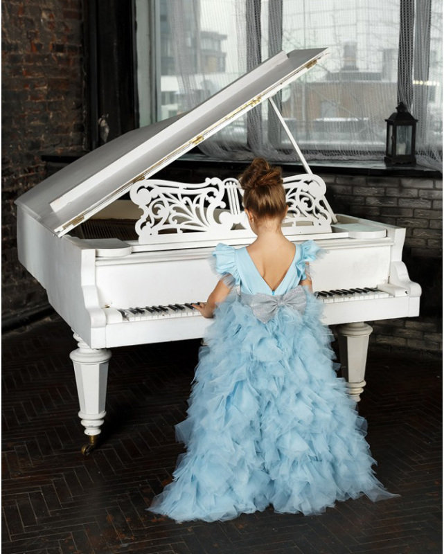 Blue Satin Tulle Short Train Flower Girl Dress Pageant Dress