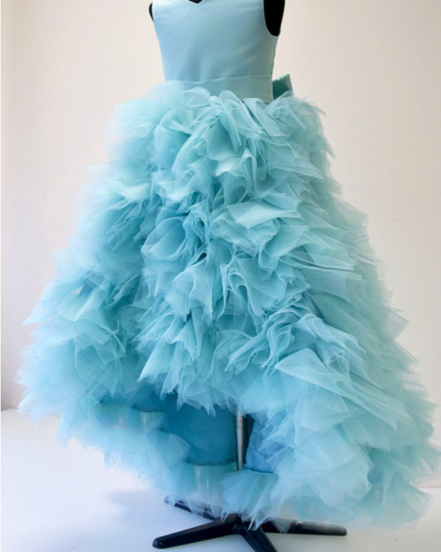 Blue Satin Tulle High Low Flower Girl Dress Pageant Dress
