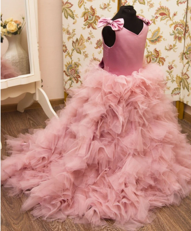 Mauve Satin Tulle Short Train Flower Girl Dress Pageant Dress