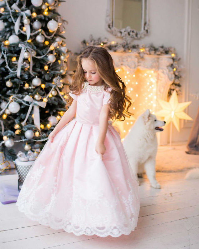 Blush Pink Lace Satin Full Length Flower Girl Dress Pageant Dress