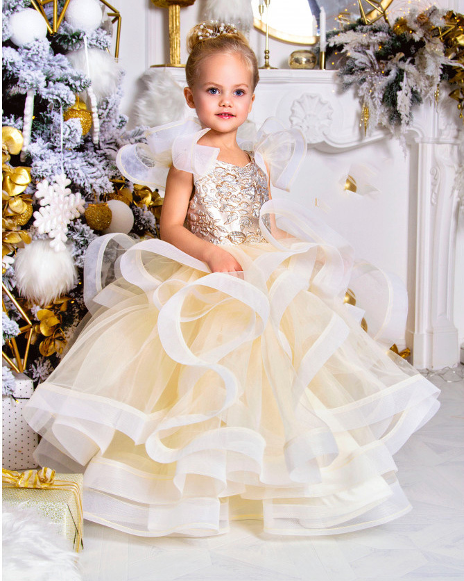 Light Champagne Lace Tulle Full Length Flower Girl Dress Pageant Dress