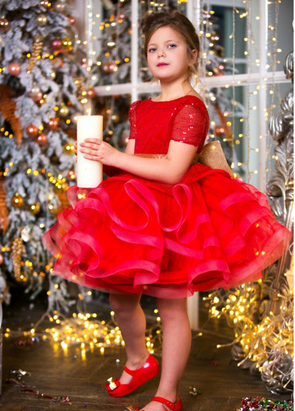 Red Sequin Tulle Knee Length Flower Girl Dress Pageant Dress