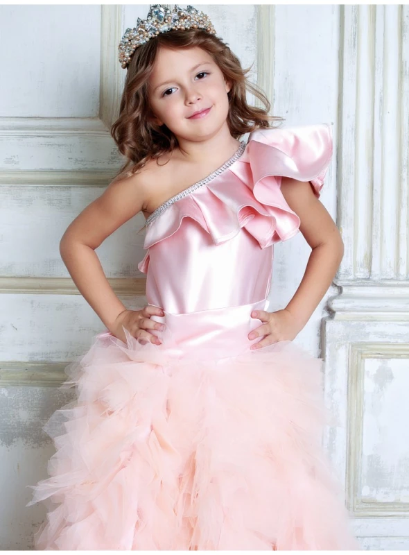 Pink Satin Tulle Short Train Flower Girl Dress Pageant Dress