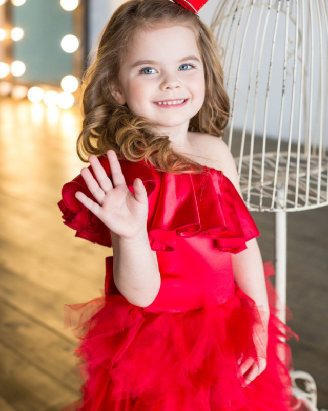 One Shoulder Red Satin Tulle High Low Flower Girl Dress Pageant Dress