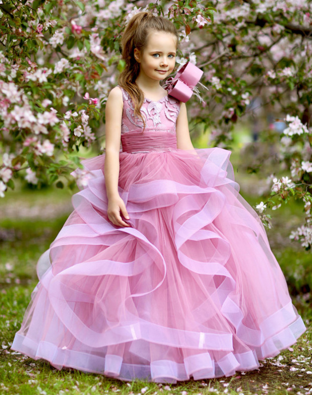Mauve Lace Tulle Full Length Flower Girl Dress Pageant Dress