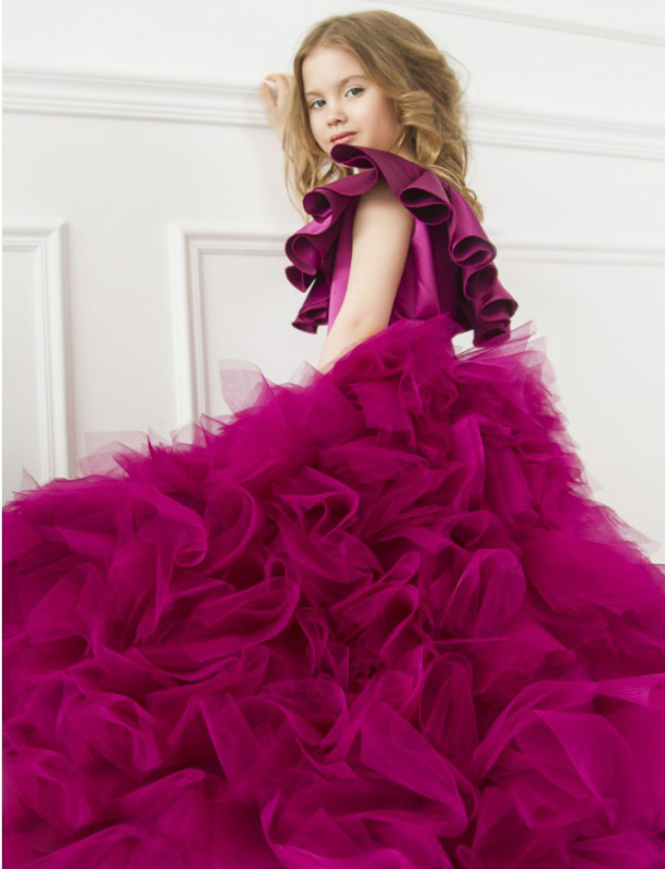 Purple Satin Tulle High Low Flower Girl Dress Pageant Dress