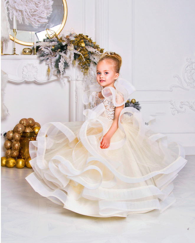 Light Champagne Lace Tulle Full Length Flower Girl Dress Pageant Dress