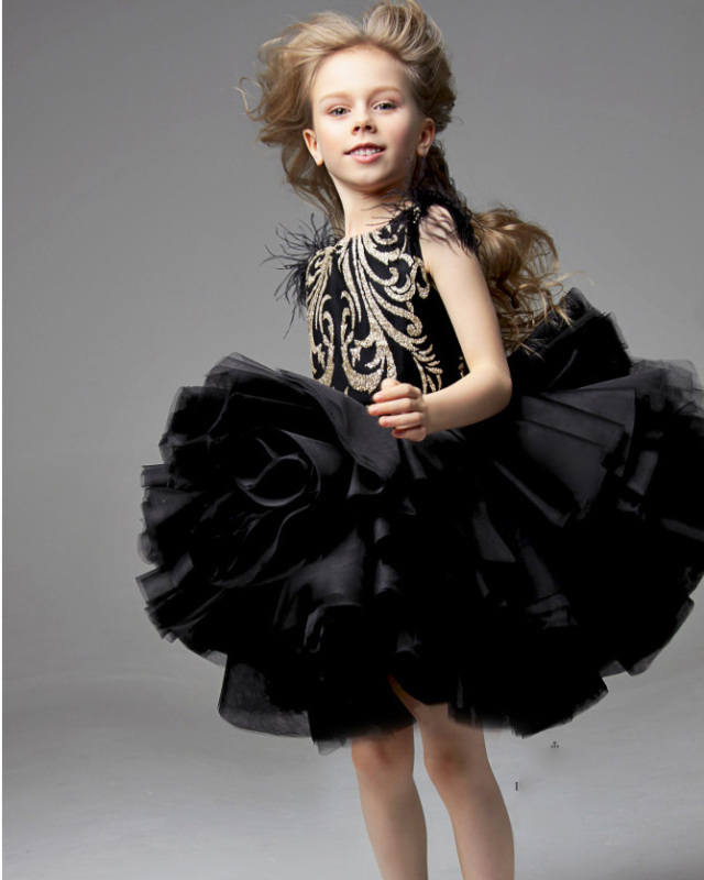 Black Lace Tulle Knee Length Flower Girl Dress Pageant Dress