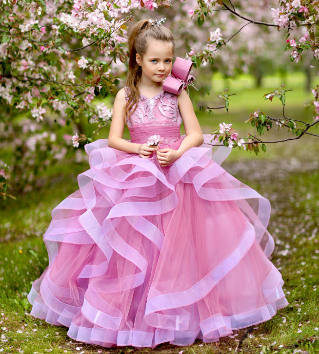 Mauve Lace Tulle Full Length Flower Girl Dress Pageant Dress