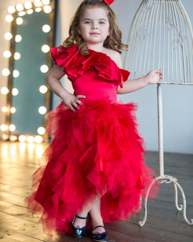 One Shoulder Red Satin Tulle High Low Flower Girl Dress Pageant Dress