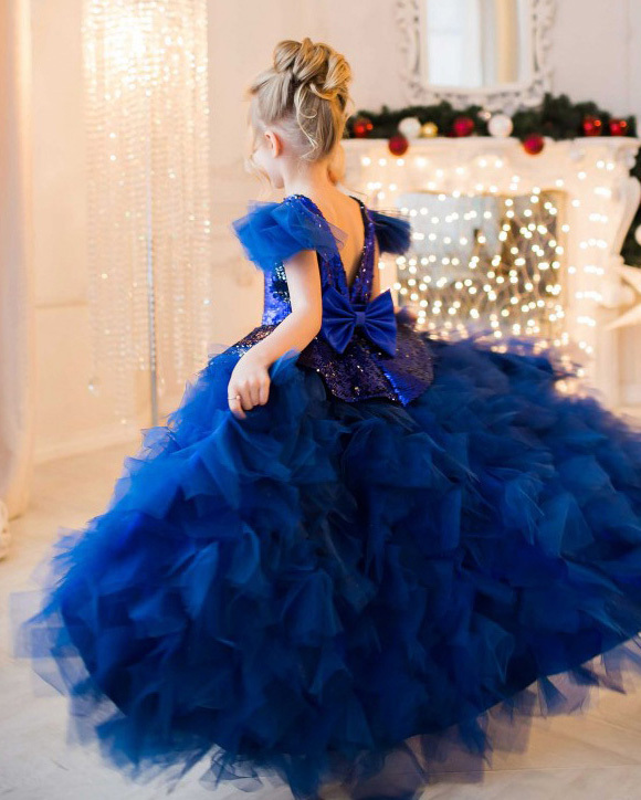 Royal Blue Sequin Tulle High Low Flower Girl Dress Pageant Dress