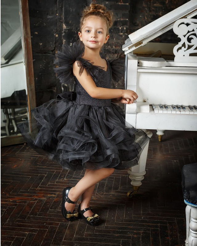 Black Sequin Tulle Knee Length Flower Girl Dress Pageant Dress