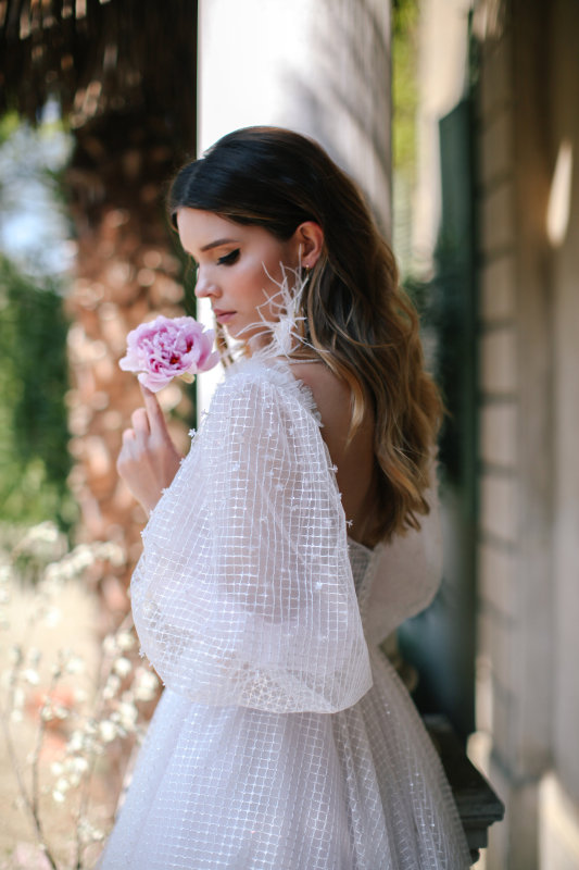 Ivory Tulle Long Train Wedding Dress Bridal Gown