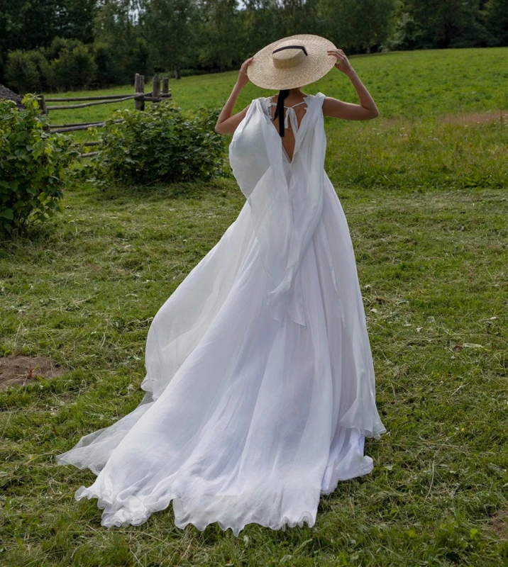 Ivory Lace Chiffon Long Train Wedding Dress Bridal Gown
